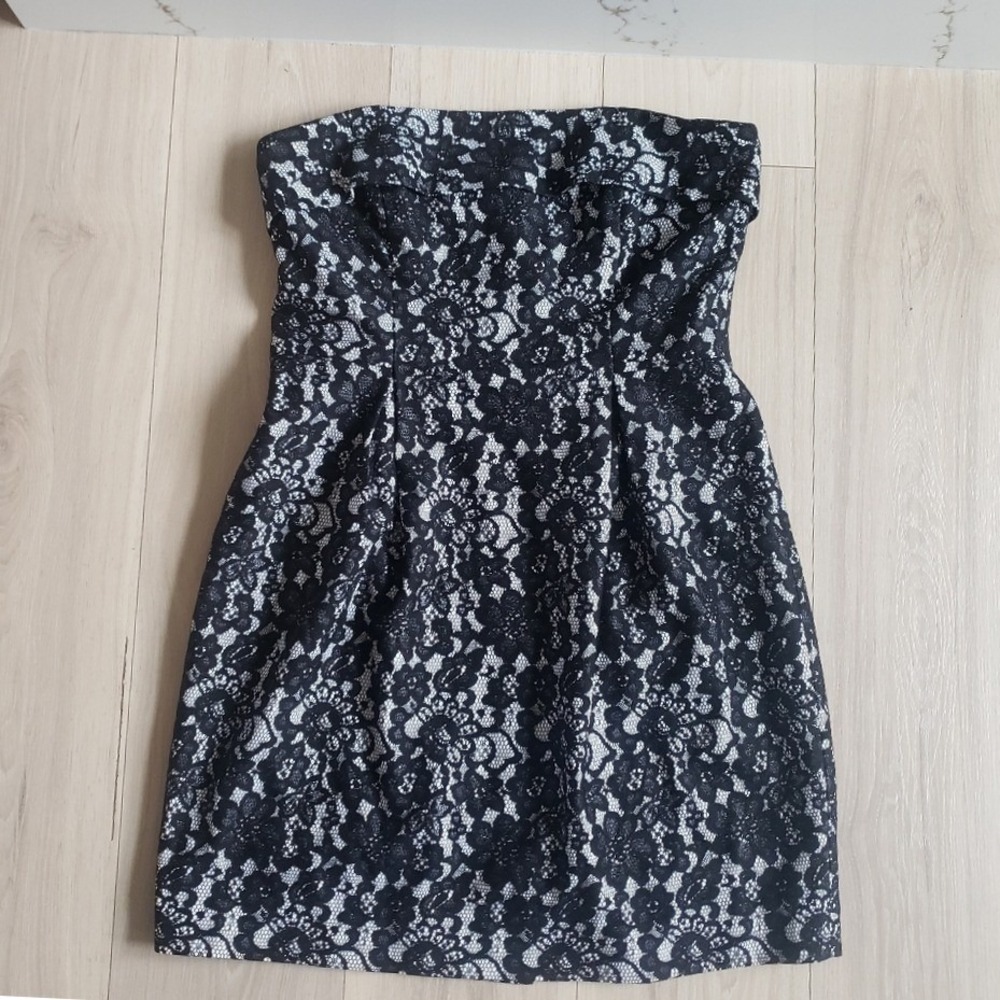 Shoshanna Strapless Lace Dress Womens 12 Black White Floral Mini